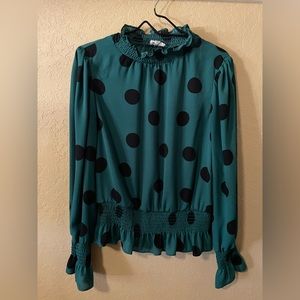 Green Black Polka Dot Long Sleeve Blouse